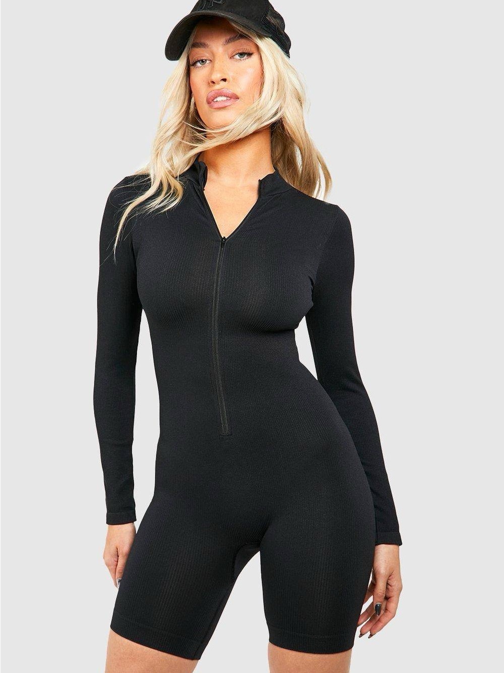 Missguided Black Ribbed Long-Sleeve Zip Romper